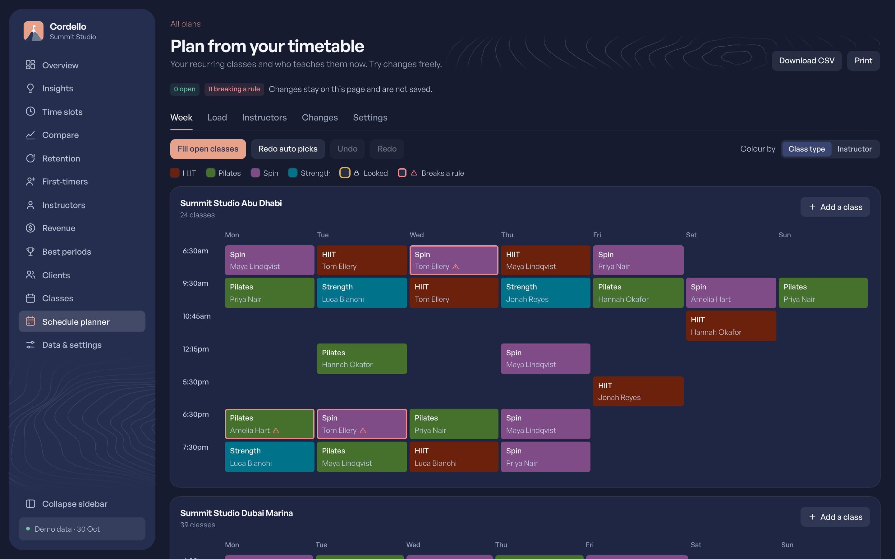 The Schedule planner in Cordello: a usual week of classes by studio, with the instructor chosen for each class.